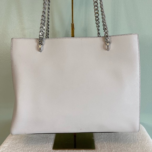 MICHAEL KORS MK Womens Shoulder Tote Bag Chain Strap Pebbled Leather Taupe - Picture 2 of 13